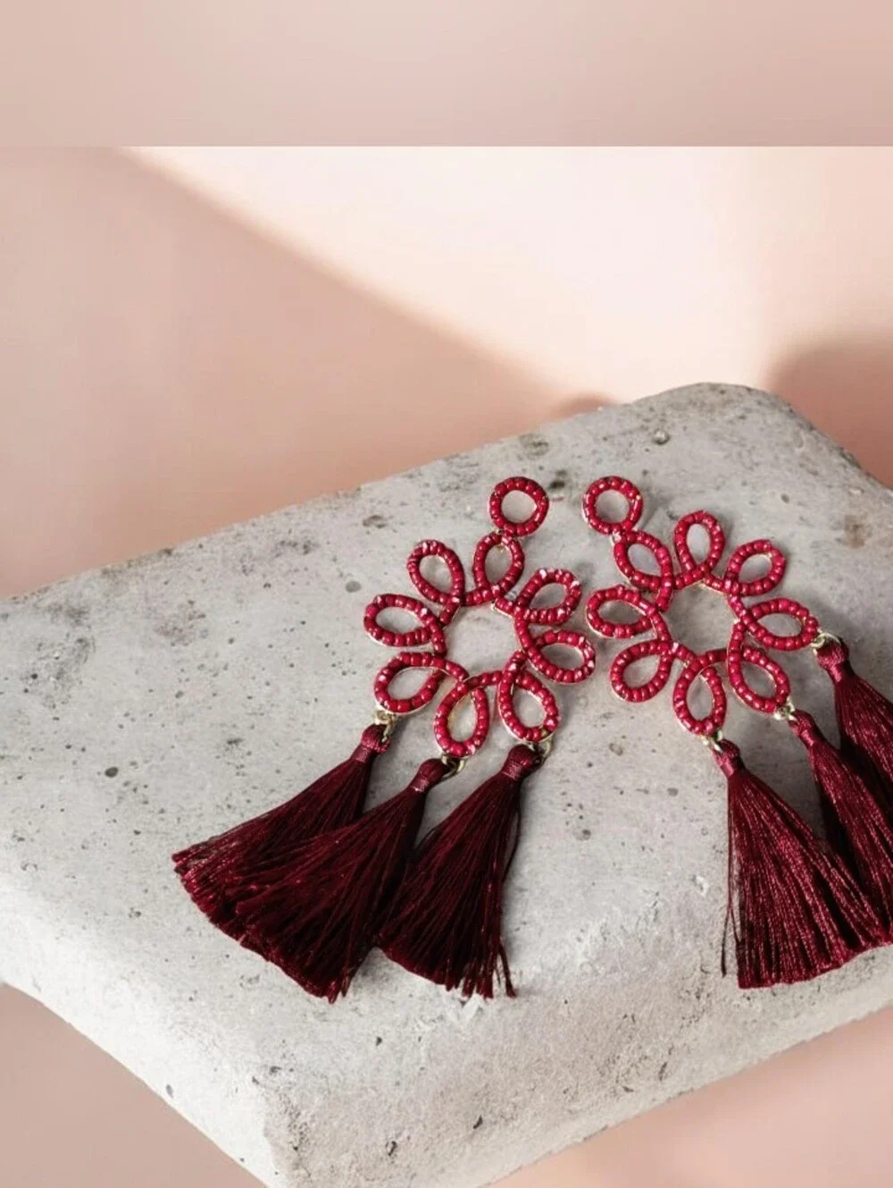 Burgundy Tassel Flower Drop Earrings